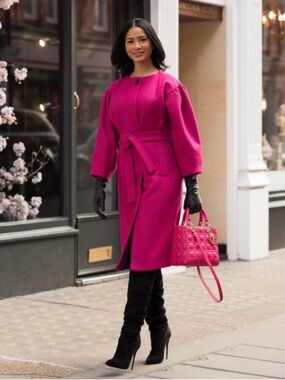 Zara Fuchsia Belted Long Wool Coat in size :Large